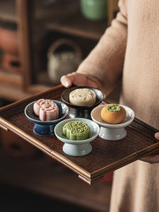 Retro Chinese Ceramic High Foot Tea Tray Miniature Snack Plate Fine Craft Tea Break Display Cake Small Serving Tray