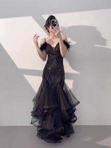 Black Evening Gown For Banquet Host Feminine Fish Tail Skirt