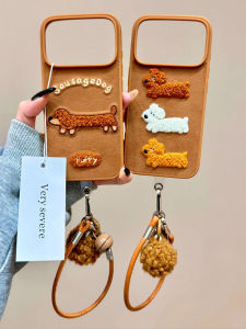 Fall Winter Brown Velvet Embroidered Sausage Dog Handle Rope Compatible with iPhone 17 pro Max Apple 15 pro New Model 14 Cartoon 13 Couple Huawei Mate70 Women 16 Protective Case