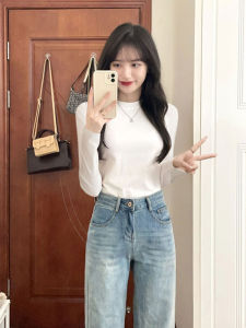 เสื้อยืดแขนยาวทรงสลิมฟิตสำหรับผู้หญิง เสื้อชั้นในสไตล์เกาหลี ทรงเข้ารูป เสื้อเชิ้ตผู้หญิง สีขาว แฟชั่นฤดูใบไม้ร่วง