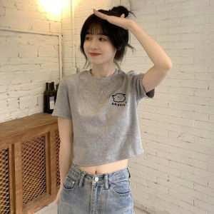 Becca Mo สไตล์เกาหลี เสื้อยืดแขนสั้นสีเทา ผู้หญิง สลิมฟิต คอกลมแขนสั้น เสื้อท่อนบน ทันสมัย ฤดูร้อน 2024 หลากหลาย