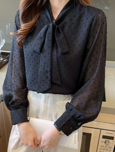 2026 Spring and Autumn Korean Edition Shirt Womens Lantern Sleeve Shirt Bow Collar Strap Wave Dot Top