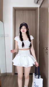 Set Váy Croptop Trễ Vai Đính Nơ Cúp Ngực+ Mix Kèm Chân Váy Xòe Tầng Siêu Xinh Đồ Đi Biển Tiểu Thư Hàn Quốc Hot Trend