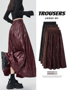 La Chapelle Autumn Winter Mid-Length A-Line Skirt Womens Pleated High Waist PU Leather Casual Style Red Half-length Skirt