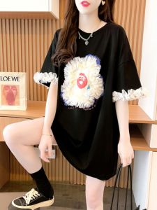 plus Size Pure Cotton Short Sleeve T-Shirt Women Summer Midi Length High End Lace Mesh Splicing Top Fashionable European Style