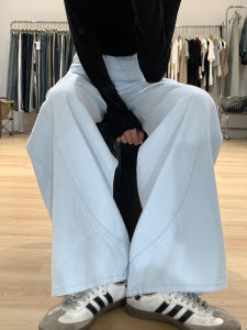 Quần Jeans Denim Ống Rộng Cạp Cao Màu Xanh Cây Thu Đông 2024 Quần Ống Rộng Ôm Dáng Quần Jeans Nữ Quần Jeans Thường Ngày