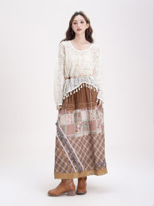SHANGWEILUO | Bohemian Ethnic Style Long Sleeve Top with Lace and Fringe Skirt Set