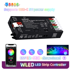DOMRAEM WLED Digital Music LED Controller with Mic & Relay -ESP32 2CH 16A for WS281X/SK6812 (800ICS). Type-C & UART. Alexa/HA.