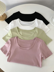 Slim Fit Short Sleeve U-Neck T-Shirt Women Summer Thin Pure Color Casual Style Shoulder Length Appropriate Cotton Blend Top