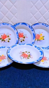 murah 12 pcs Piring Enamel Jadul Motif Bunga / Piring Seng Enamel Ukuran 20cm / piring seng blirik