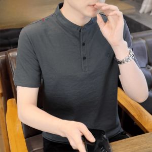 HENGYUANXIANG | Hengyuanxiang Mens Short Sleeve Polo Shirt Linen Pure Color Stand Collar Summer Fashion Casual Comfortable Breathable T-shirt