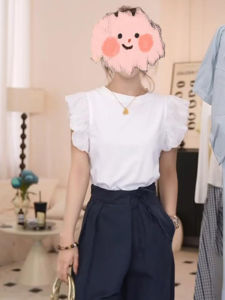 Shalldoer | Áo thun tay ngắn ren hở lưng thanh lịch mùa hè mới cho nữ Áo thun dáng rộng cổ tròn màu trơn phong cách thường ngày