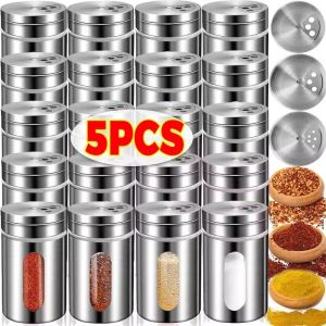 5Pcs Stainless Steel Seasoning Jar Condiment Salt Sugar Shaker Pepper BBQ Spice Storage Box Powder Bottle Container Toothpick Holder