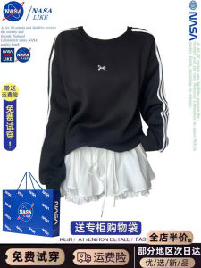 NASA American Retro Striped Splicing Bow Tie Sweatshirt Womens Spring Autumn Thin Capless Long Sleeve Top Loose Fit Polyester