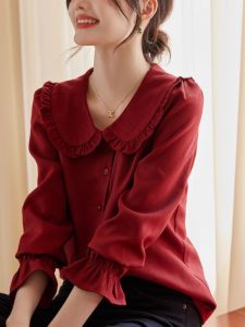 Retro Style Bell Sleeve Shirt Doll Collar Casual New Year Red Womens Fashion Spring Autumn Commute Loose Fit Long Sleeve Shirt
