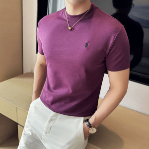 Fashionable Embroidered Short Sleeve T-Shirt Mens Summer Thin Pure Color round Neck Body Shirt Half Sleeve Top Urban Style Cotton
