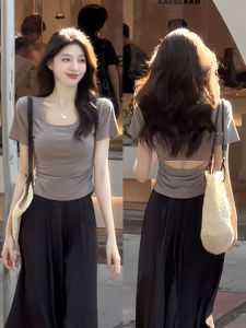 Backless Short Sleeve U-Neck T-Shirt Womens Summer 2023 New Design Slim Fit Hollow out Top Youth Style Pure Color Fashion