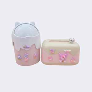 Cute Cartoon Mini Desktop Trash Can with Lid for Bedroom High Aesthetic Value Home Use round Barrel Shape Waste Bin 2L Capacity