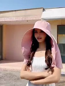 Summer Outdoor Beach Sun Hat for Women Large Brim Sun Protection Hat Neck Shawl Bucket Hat