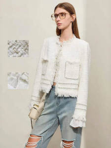 AMII | Tweed Short Jacket with Fringe Trim Flared Cuffs Womens