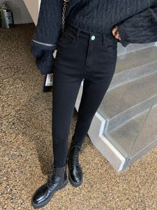 Black Fleece Lined Slim Fit Jeans Womens High Waist Nine Pencil Pants Casual Style Cotton Stretch Denim Zipper Closure