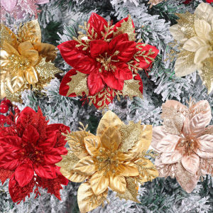 YESPERY 5Pcs Glitter Christmas Flower with Clips Bright Color Xmas Tree Fake Flower Ornament Home Christmas Decor