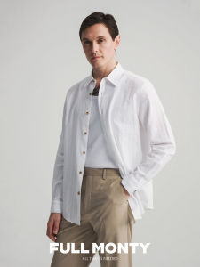White Seersucker Long Sleeve Point Collar Vintage Style Striped Casual Mens Shirt