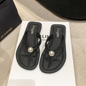 Simple Pearl Thong Slippers Womens Outdoor Summer Sandals Anti-Slip Beachwear Comfortable Flat Heel Pure Color PU Material