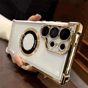 Luxury Plating Magnetic Clear Case For Samsung Galaxy S25 Edge S24 Ultra S23 FE S22 Plus S21 S20 Note20 Shockproof Acrylic Cover