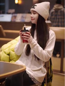 Pure Cotton Lace Trim Base Shirt Women Spring Autumn Loose Long Sleeve T-Shirt Top White Inner Wear Outer Wear Medium Length