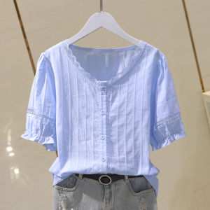 Lace Trim Cotton Blouse Puff Sleeve Shirt