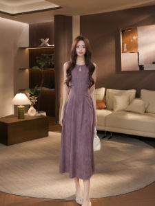 DENGLIULIU | Đầm Tím Vintage Retro Không Tay Ôm Dáng Ngắn Mùa Hè