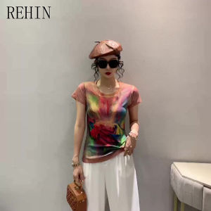 REHIN Summer New Fashion Printed Stir-fry Color Hot Stamping Short-sleeved T-shirt Slim Fit S-3XL Base Shirt for Womens Top