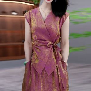 Elegant New Chinese Style Slim Fit Two-Piece Set Summer 2025 V-Neck Short Sleeve Satin Dress Top And Skirt Ensemble