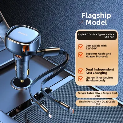 BASEUS | Fast Charging Car Charger 100W 3-in-1 Retractable Cable