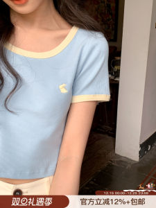 Hello Cannon Original Vintage Contrast Color Short Sleeve T-Shirt for Women Summer New Style Slim Fit Pure Color Round Neck Work Clothing