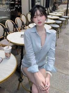Blue Linen Long Sleeve Shirt Womens Loose Fit Spring Autumn Lightweight Casual Sun Protection Top Korean Style Button Detail