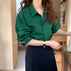 Loose Casual Green Shirt Womens French Vintage Spring Autumn New Hong Kong Style Small Audience High-End Sense Inner Shirt