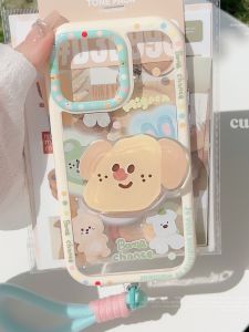Cute Dopaamine Dog Acrylic Cream Phone Case with Stand Protection for Apple 17promax iPhone 16promax Small Niche 14pro with Bracket Hand Rope