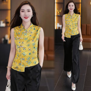 YOUFAN | Chinese Vintage Irregular Hem Sleeveless Chiffon Blouse