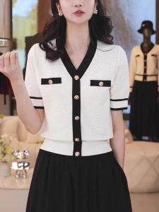 Áo Thun Dệt Kim Cổ Chữ V Tay Ngắn Mùa Hè Cho Nữ Chất Liệu Cotton Pha Trộn Dáng Rộng Tay Thường Màu Trơn Phong Cách Thường Ngày