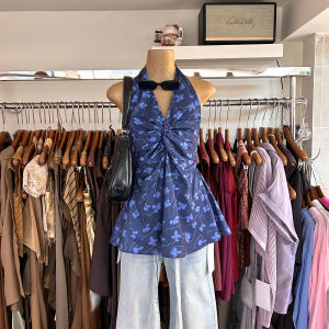 Summer New Style Womens Sleeveless V-neck Floral Knot Slimming Top Hanging Neck Backless Vest Fashionable Casual Wear