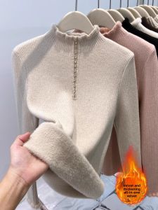WANGGONGZHU | Womens Thickened Knitted Base Shirt Half High Collar One-Piece Fleece Slim Fit Warm Fashionable Top For Autumn Winter