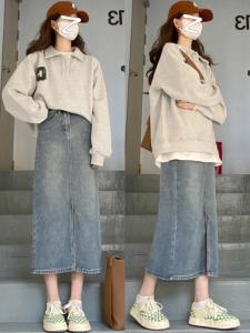 Retro Blue Asymmetrical High Waist A-Line Mini Skirt Womens Spring Autumn plus Size Conceals Belly Slimming Midi Skirt