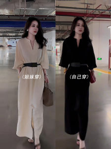 French Hepburn Style Black V-neck Dress Womens Autumn plus Size Slimming A-line Long Dress High Waist Warm Long Sleeve Shirt Dress