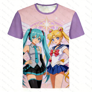 Bandai | Sailor Moon And Hatsune Miku Cosplay T-Shirt Anime Memorable Moments Graphic Tee for Mens Shirts Casual Kids Short Sleeve Tops