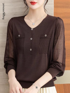 WANGGONGZHU | V-Neck Long Sleeve Mommy Style T-Shirt Womens Knitted Lace Casual Thin Loose Top Autumn Fashion Princess Commute Style