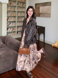 Retro Leather Jacket And Floral Dress Two-Piece Set Womens Spring Collection Light Maturity Style Zipper Closure Long Sleeve