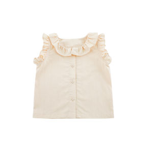 Sweet Cute Girls Summer Shirt French Style Ruffle Collar Pure Color Doll Shirt Childrens Clothing Cotton Blend Fabric Casual