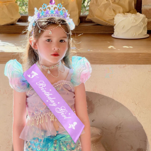 Purple Mermaid Crown Sash Set Little Mermaid Headwear Shoulder Strap For Girls Woman Birthday Party Accessories